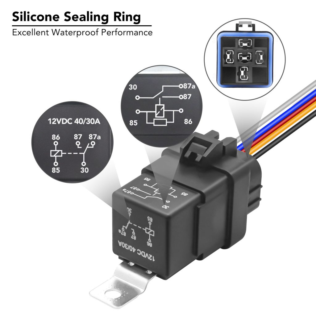 thumbnail image 2 of 5 Pin SPDT Relay 12V Waterproof Automotive Relay Harness Set - 5 Pin SPDT With Color-Coded Wires (5 Pack) 12V Relay Harness 2 of 11
