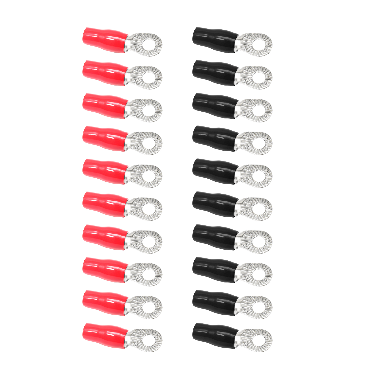225FWY 8 Gauge Silver Ring Terminals – 100 Pieces, 5/16" Stud, With Red & Black Boots