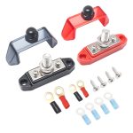 S12P-38 Pair 3 Connections Busbar 1 x 3/8” Stud 2 x #8 Screw Terminals Power Distribution Block with Ring Terminals (Red & Black)